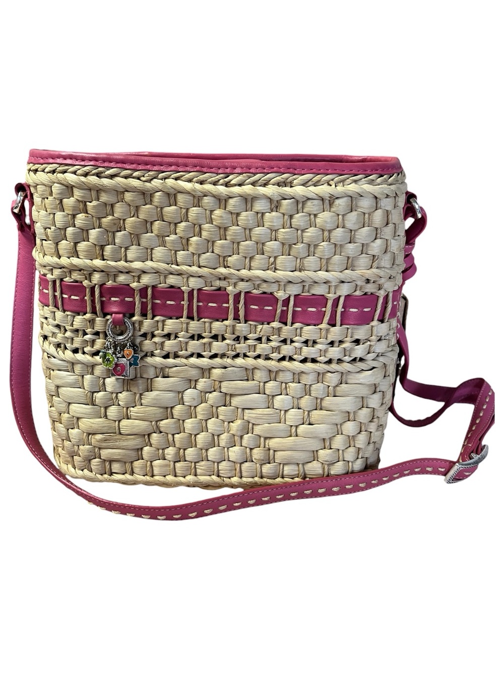 Brighton Carmela Straw Crossbody Purse Pink With Charms and Box